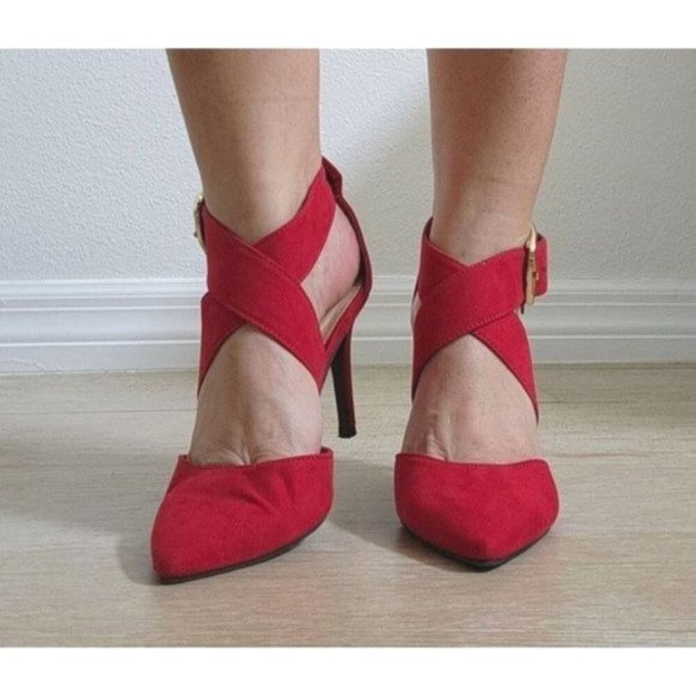 CHINESE LAUNDRY Red Faux Suede Pointed Toe Strappy Heel